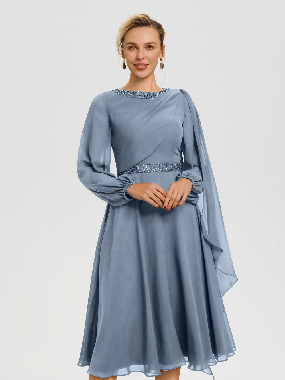 Dusty Blue Dress Mother Of The Bride Elegant A-Line Beading Long Sleev
