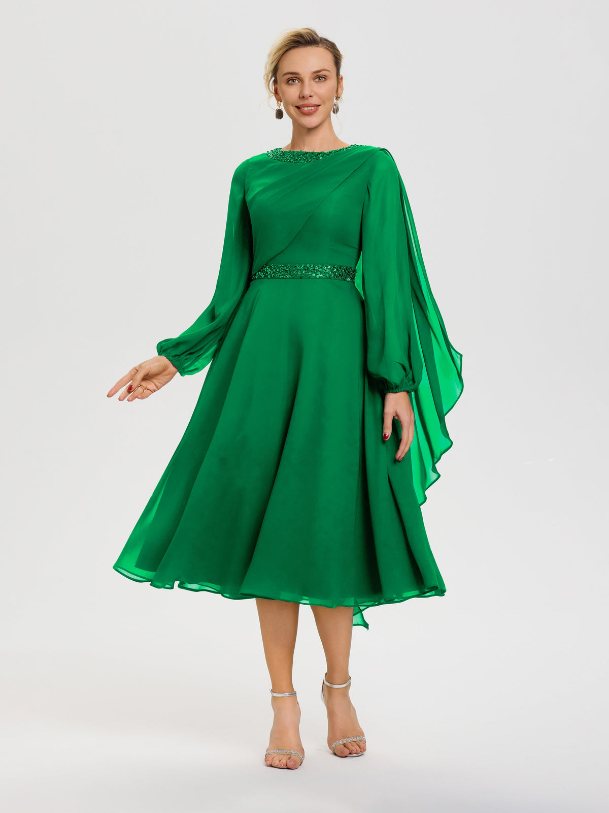 Mother Of The Bride Dress Emerald Green Elegant A-Line Beading Long Sl