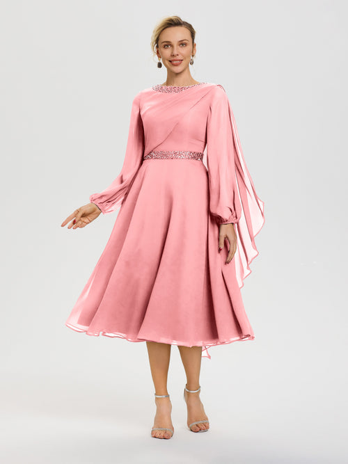 Lemon Dresses For Mother Of The Bride Elegant A-Line Beading Long Sleeves Tea-Length Chiffon Mother Of The Bride Dress