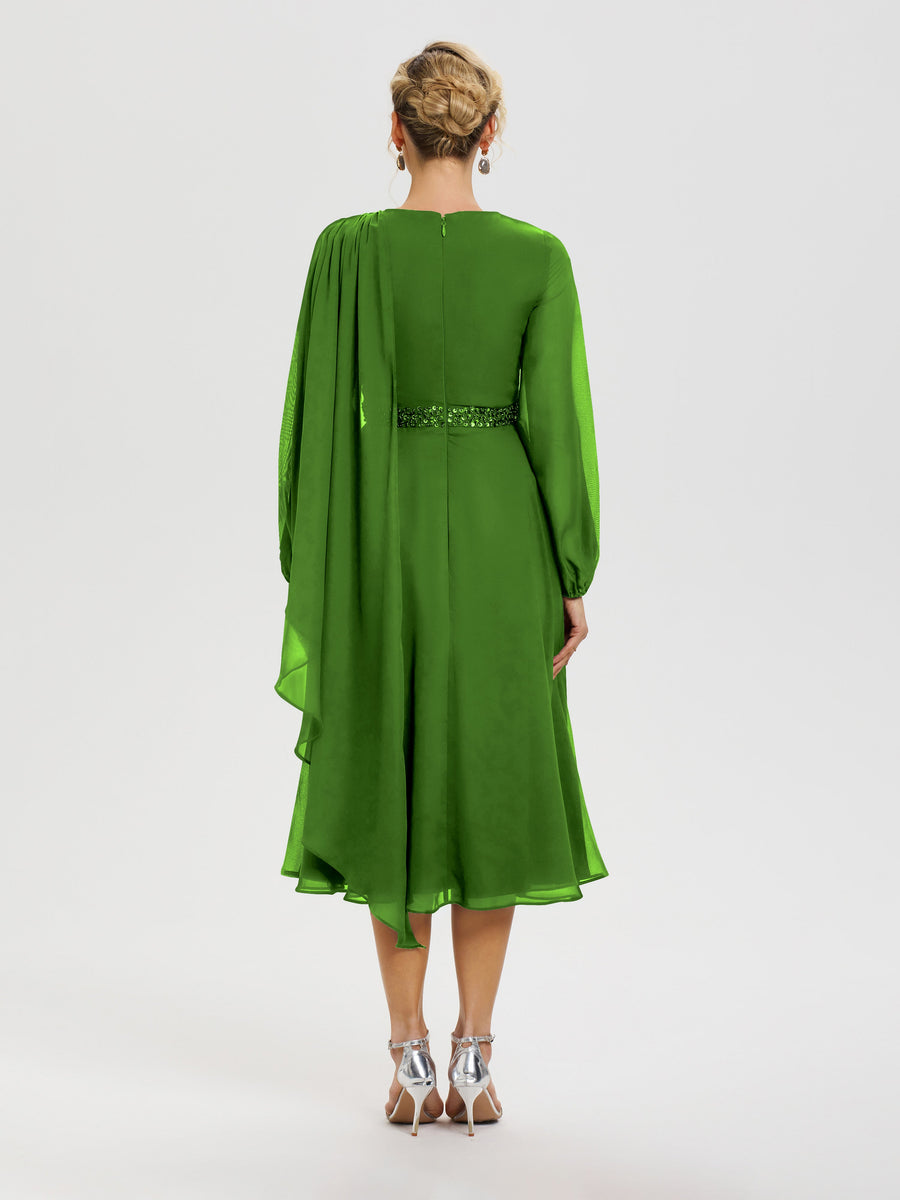 Mother Of The Bride Dresses In Cinnamon Rose Elegant A-Line Beading Long Sleeves Tea-Length Chiffon Mother Of The Bride Dress