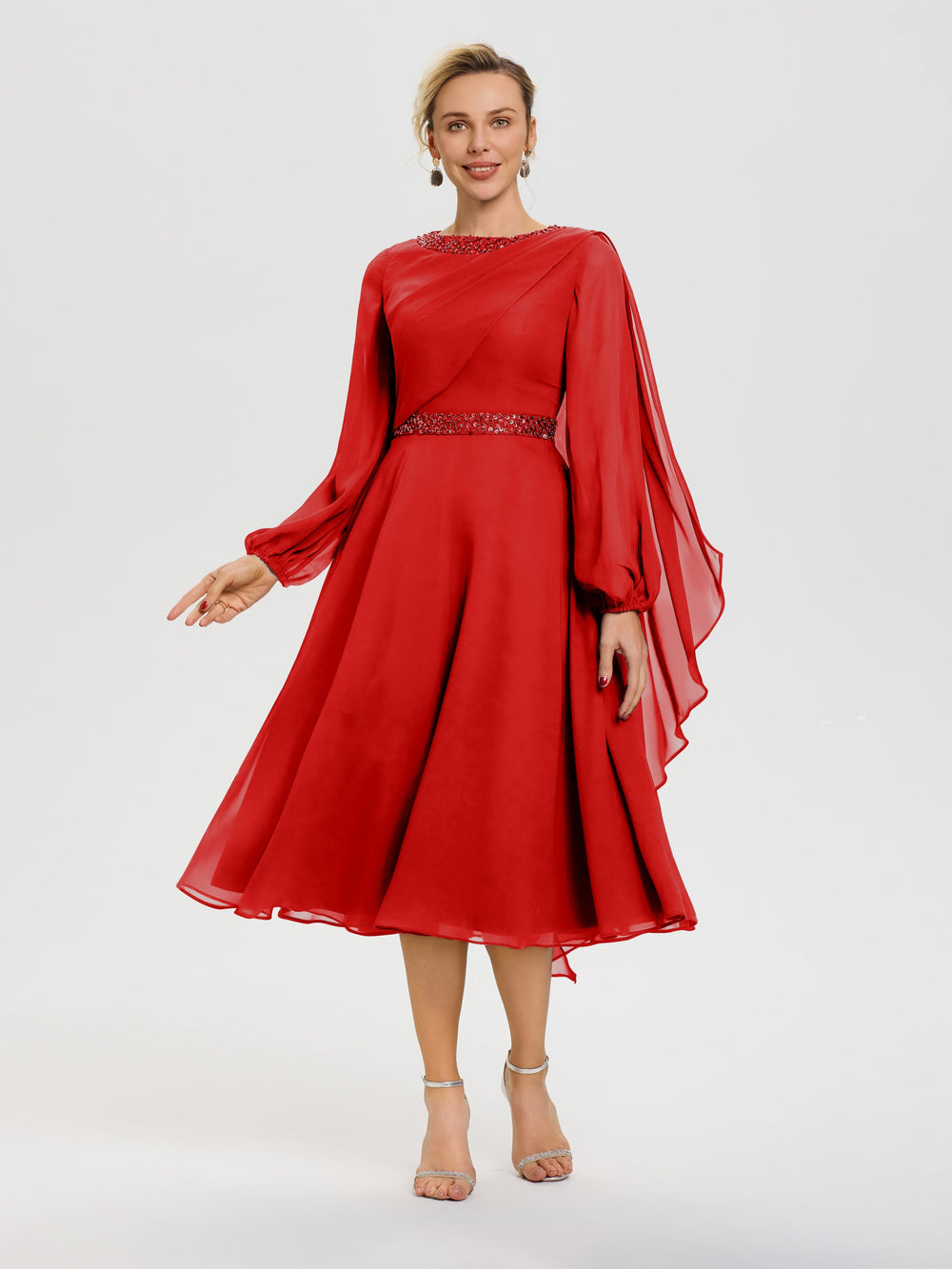 Red Mother Of Bride Dress Elegant A-Line Beading Long Sleeves Tea-Leng