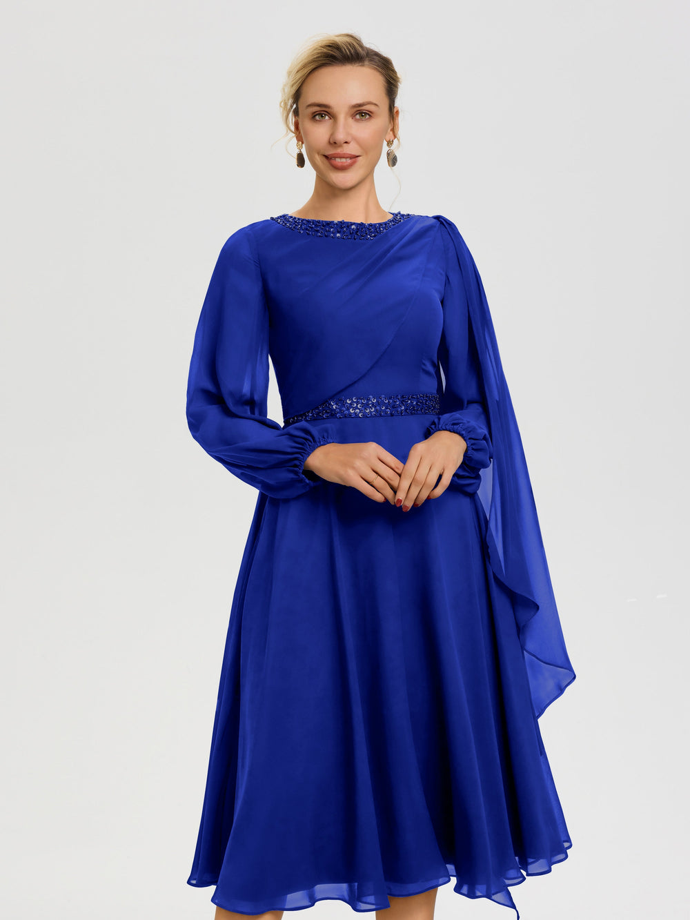 Mother Of The Bride Royal Blue Dress Elegant A-Line Beading Long Sleev