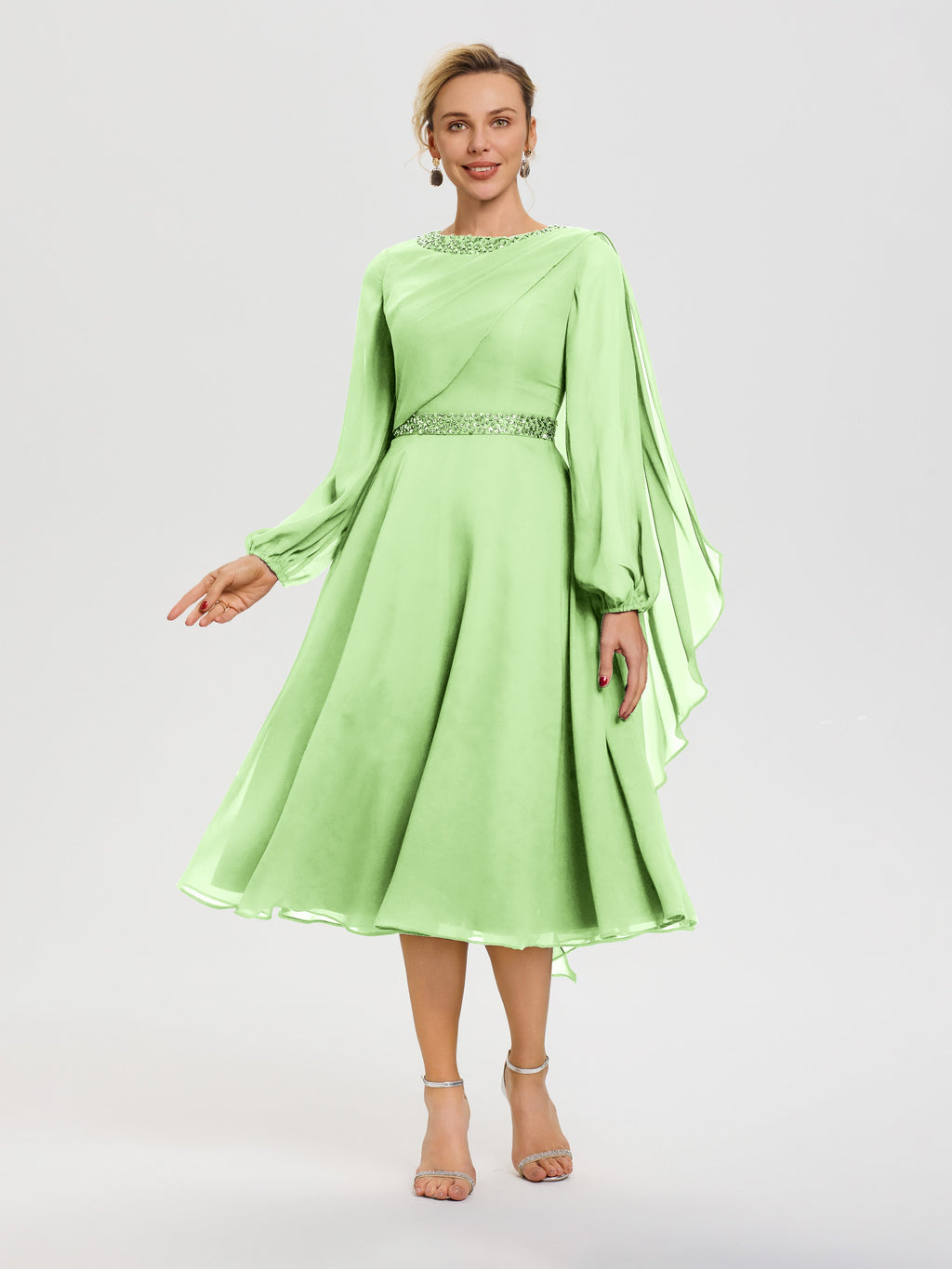 long sleeve sage green prom dress Tea Length Sage Mother Of The Bride Dresses Elegant A-Line Beading Lon
