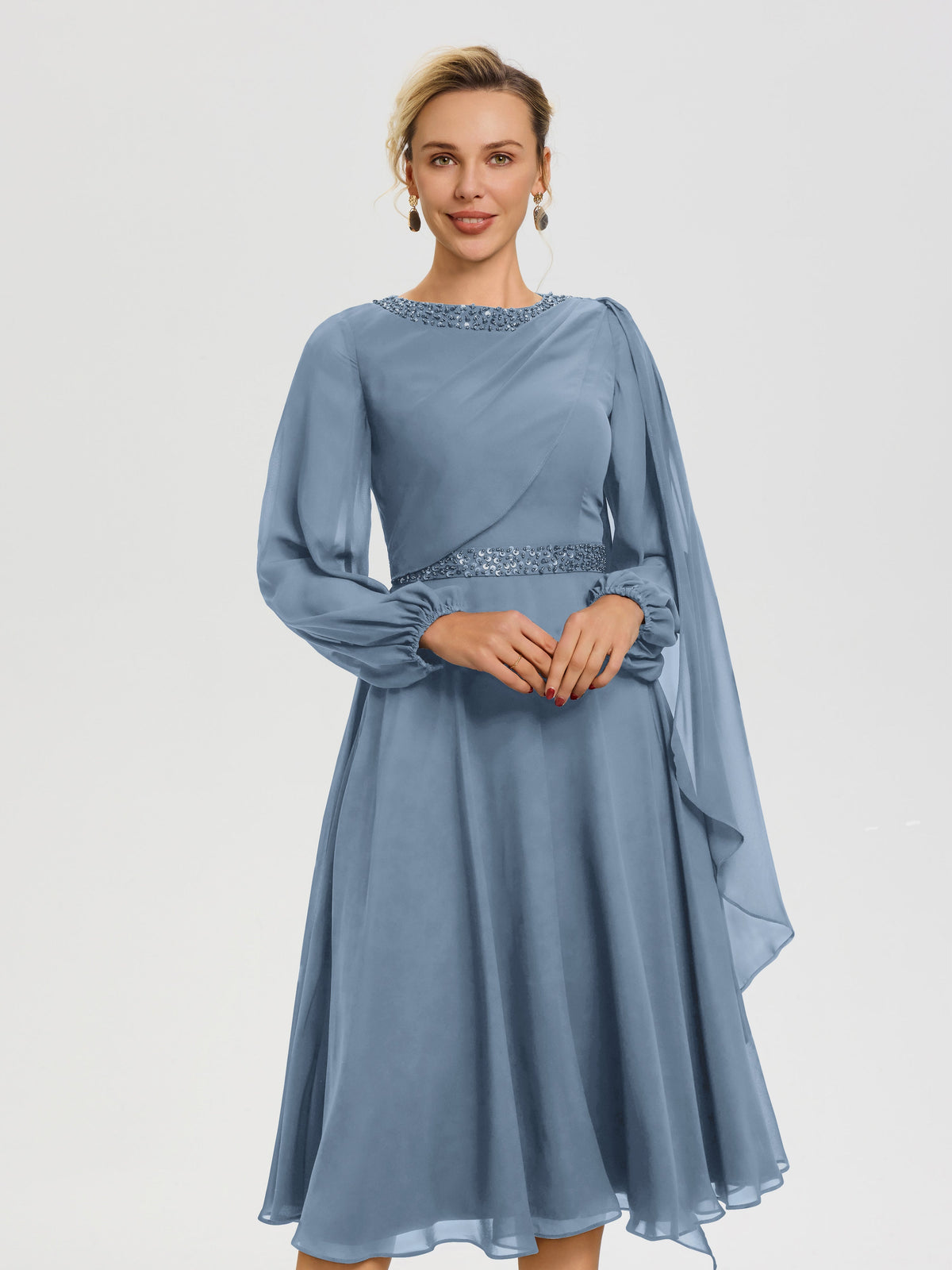 Slate Blue Mother Of The Bride Elegant A-Line Beading Long Sleeves Tea