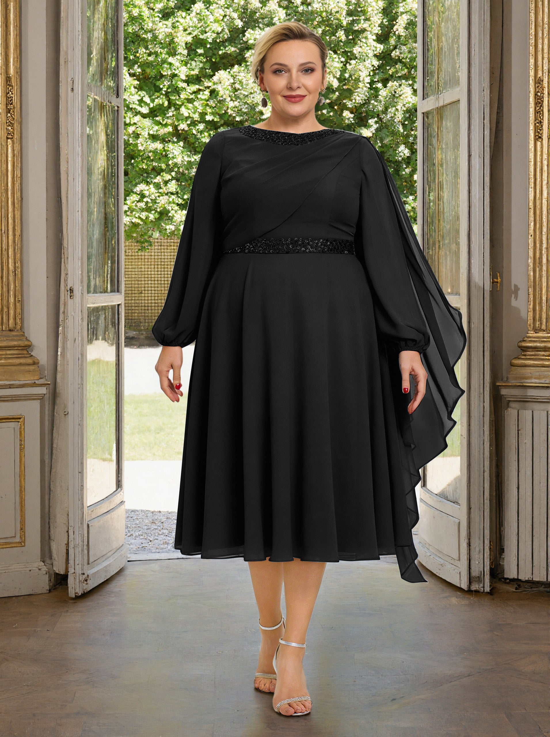Cicinia Black Plus Size Mother Of The Bride Dress With Sleeves Long Chiffon Beaded A-line Tea Length Cicinia Black Plus Size Mother Of The Bride Dress With Sleeves Long Chiffon Beaded A-line Tea Length