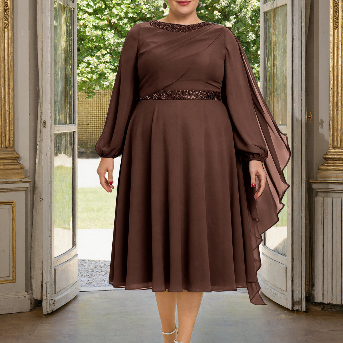 Cicinia Chocolate Plus Size Mother Of The Bride Dress With Sleeves Long Chiffon Beaded A-line Tea Length
