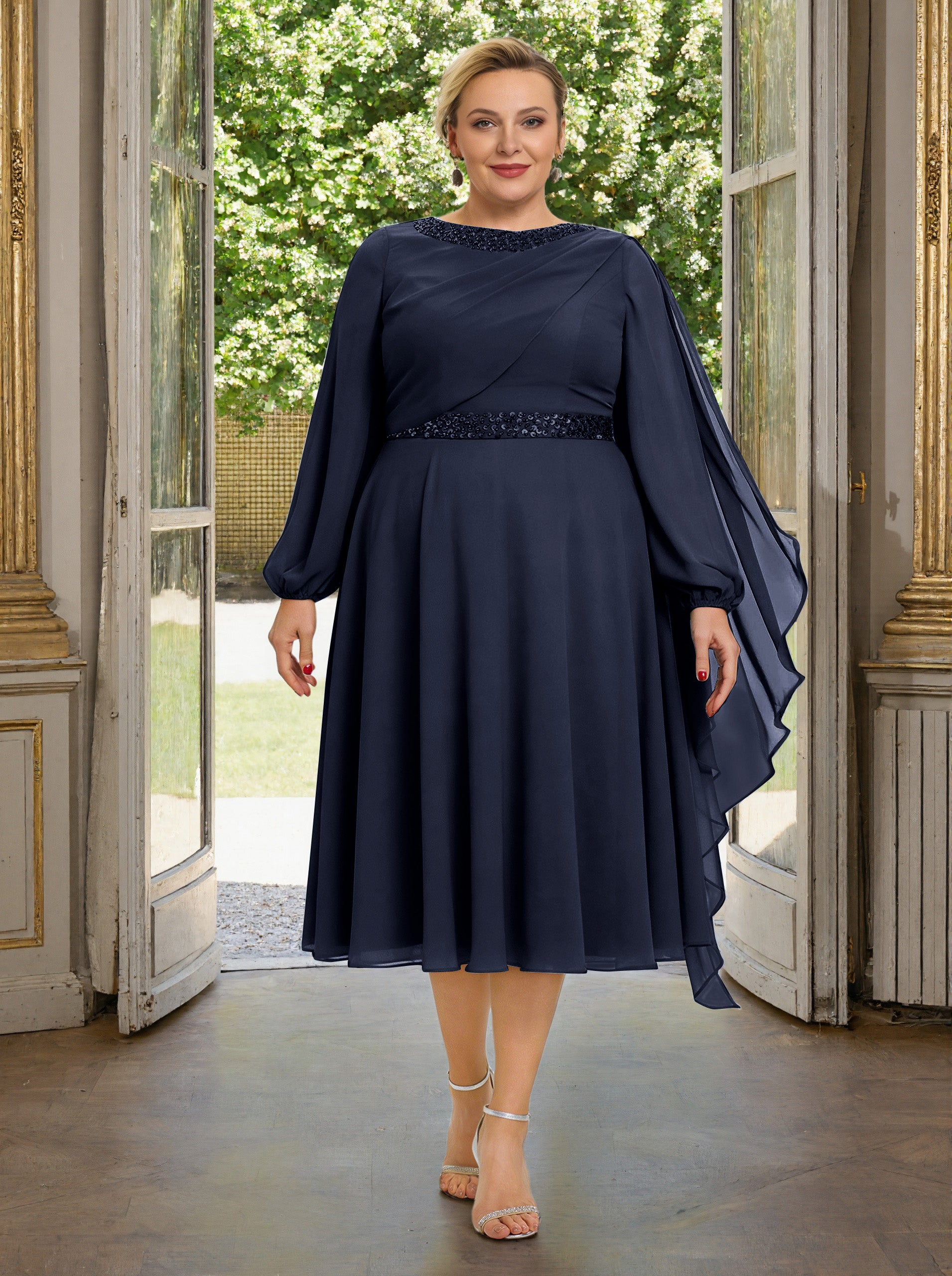 Cicinia Dark Navy Plus Size Mother Of The Bride Dress With Sleeves Lon