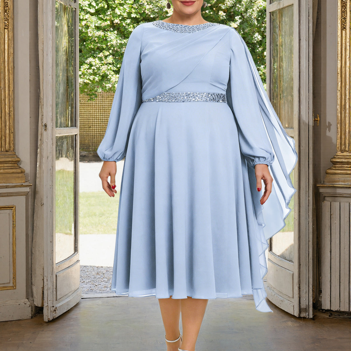 sky blue plus size dress Cicinia Mother Of The Bride With Sleeves Long Chiffon Beaded A-line Tea Length a gown that is Men's Black & White exclude_from_promo--No Size-US:12