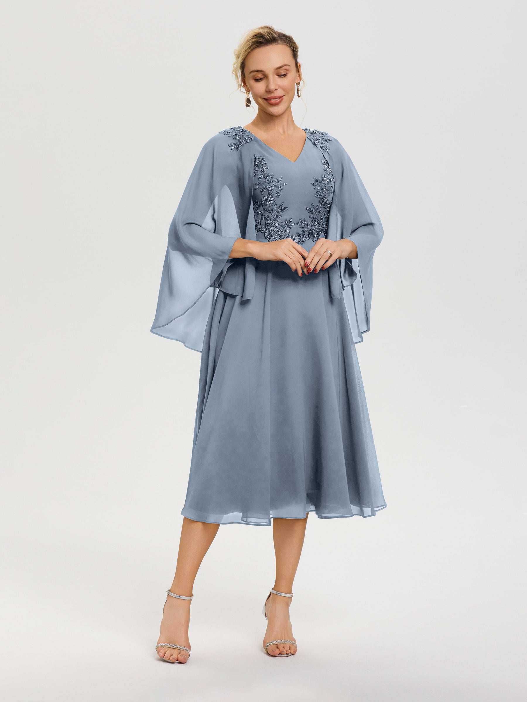 Dusty Blue Mother Of Bride Dress A-Line Appliques 3/4 Sleeves V-Neck T