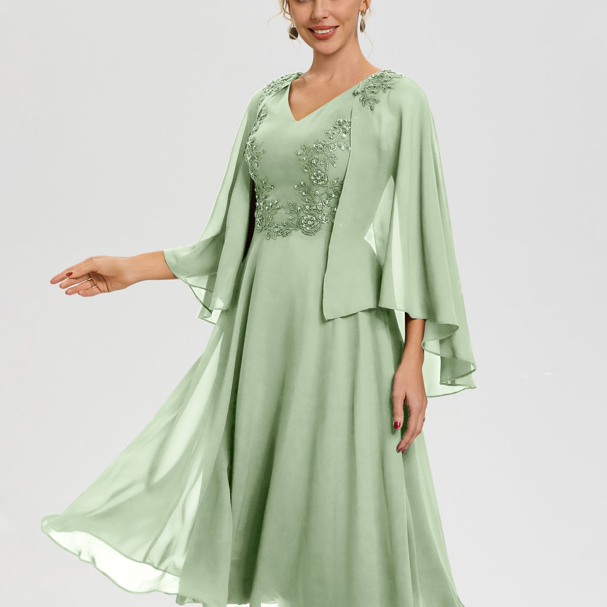 Dusty Sage Green Mother of Bride Dress A-Line Appliques 3/4 Sleeves V-Neck Tea-Length Chiffon Mother of The Bride Dress
