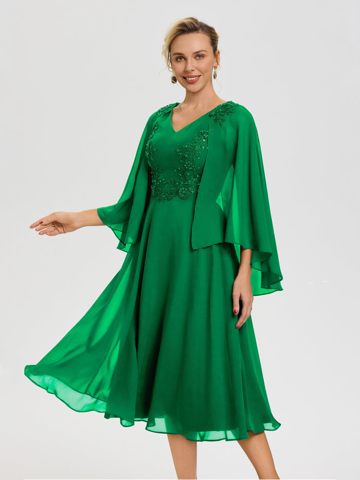 Emerald Green Mother Of The Bride A-Line Appliques 3/4 Sleeves V-Neck