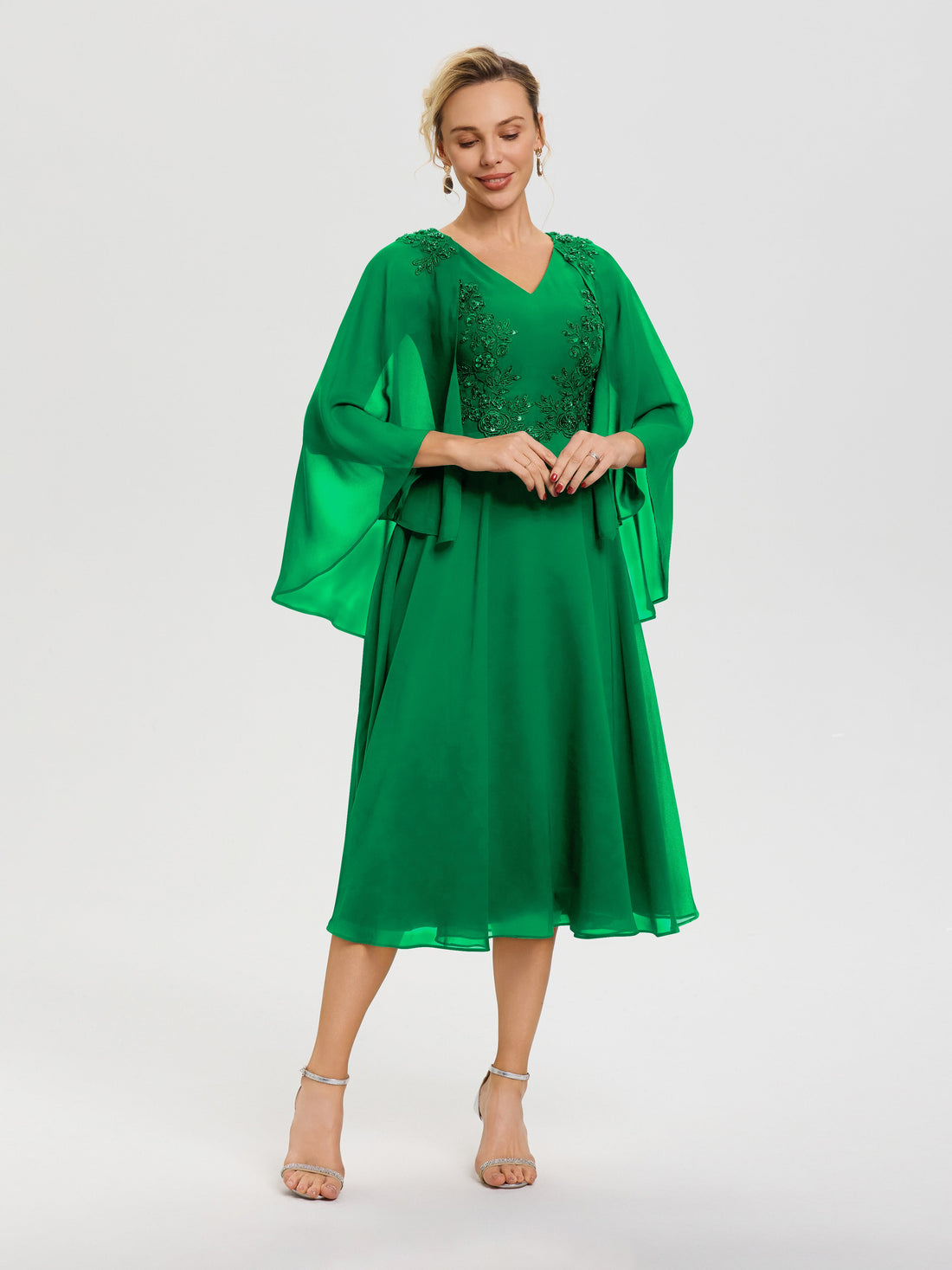 Emerald Green Mother Of The Bride A-Line Appliques 3/4 Sleeves V-Neck