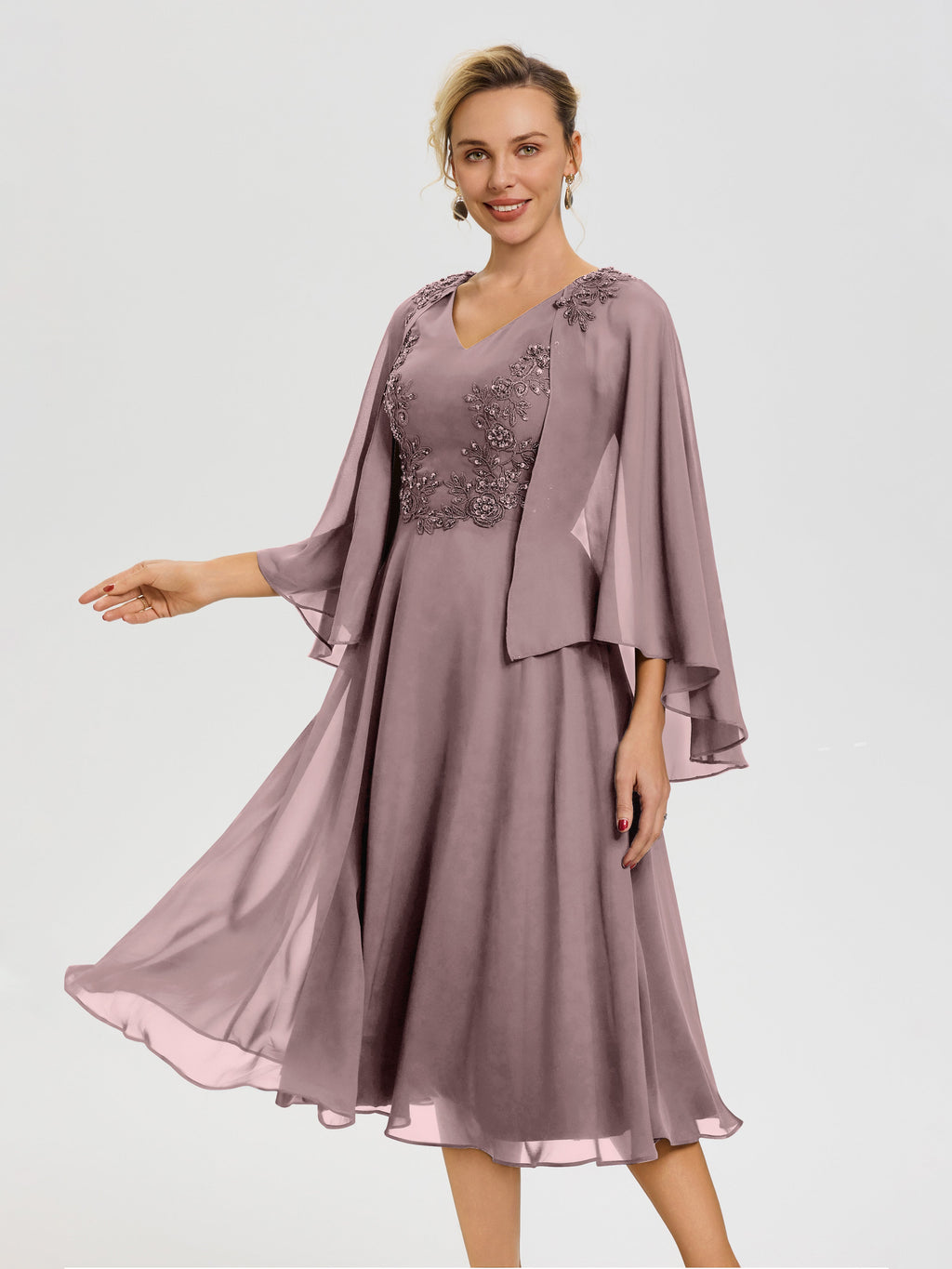 Vintage Mauve Mother of The Bride Dresses for Sale A-Line Appliques 3/4 Sleeves V-Neck Tea-Length Chiffon Mother of The Bride Dress Vintage Mauve Mother of The Bride Dresses for Sale A-Line Appliques 3/4 Sleeves V-Neck Tea-Length Chiffon Mother of The Bride Dress