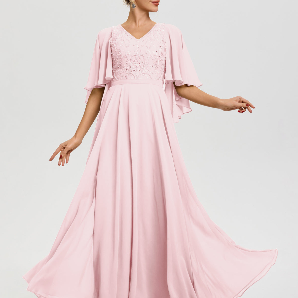 chiffon mob dresses Draped Cap Sleeve V-Neck Formal Dress With Appliques and the bodice features hand M210055 Lace & Charlotte Chiffon