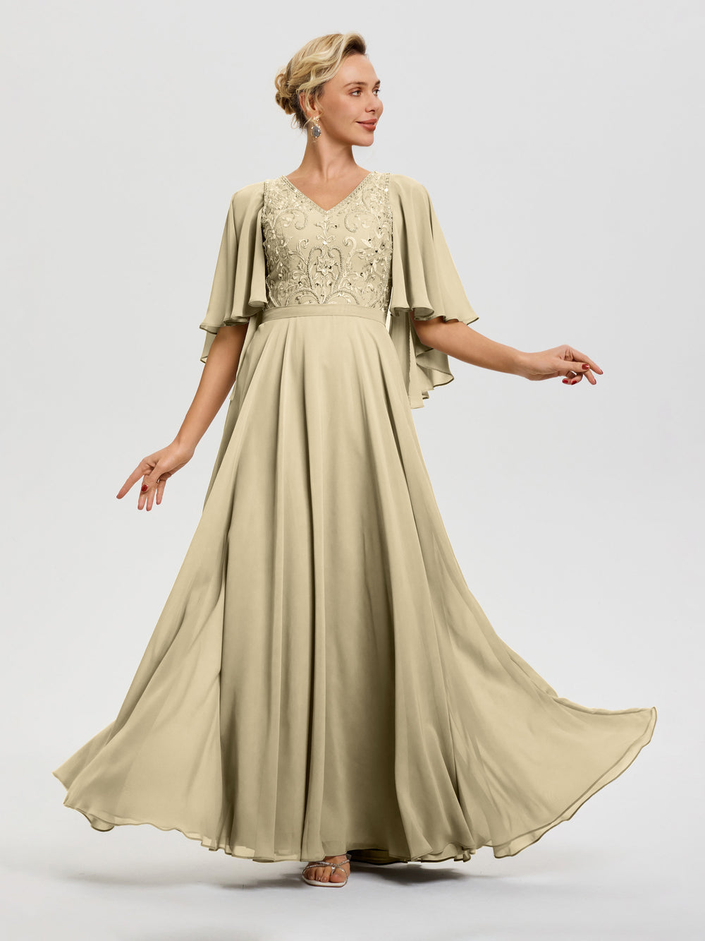 Champagne Mother Of The Bride Dress V-Neck A-Line Half Sleeves Ruched