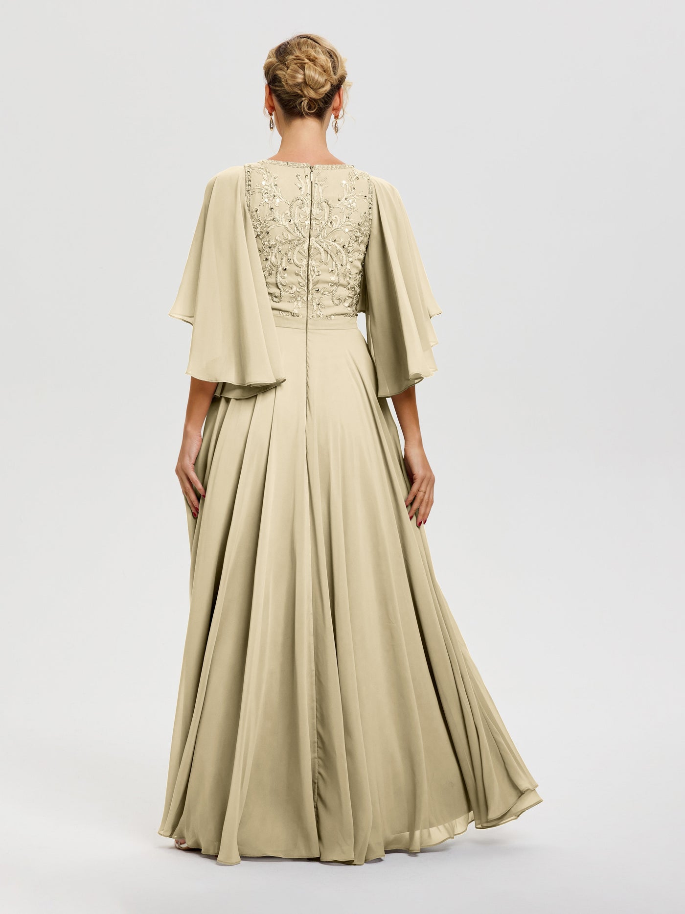 Champagne Mother Of The Bride Dress V-Neck A-Line Half Sleeves Ruched