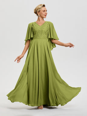 Pool Colored Dresses For Mother Of The Bride V-Neck A-Line Half Sleeves Ruched Zipper Long Chiffon Mother Of The Bride Dress
