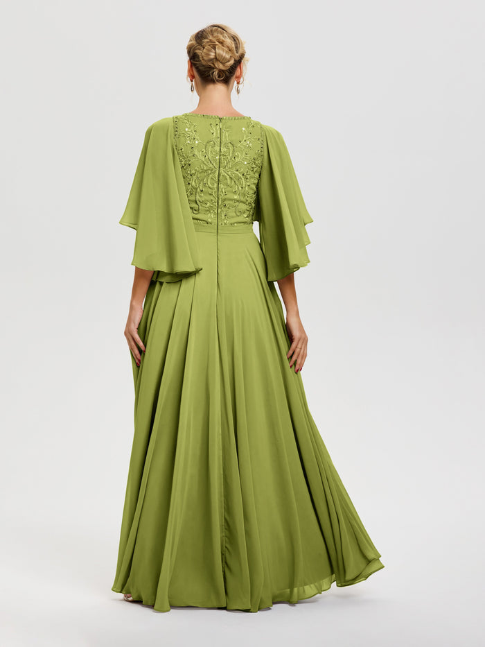 Ink Blue Mother Of The Bride Dress V-Neck A-Line Half Sleeves Ruched Zipper Long Chiffon Mother Of The Bride Dress