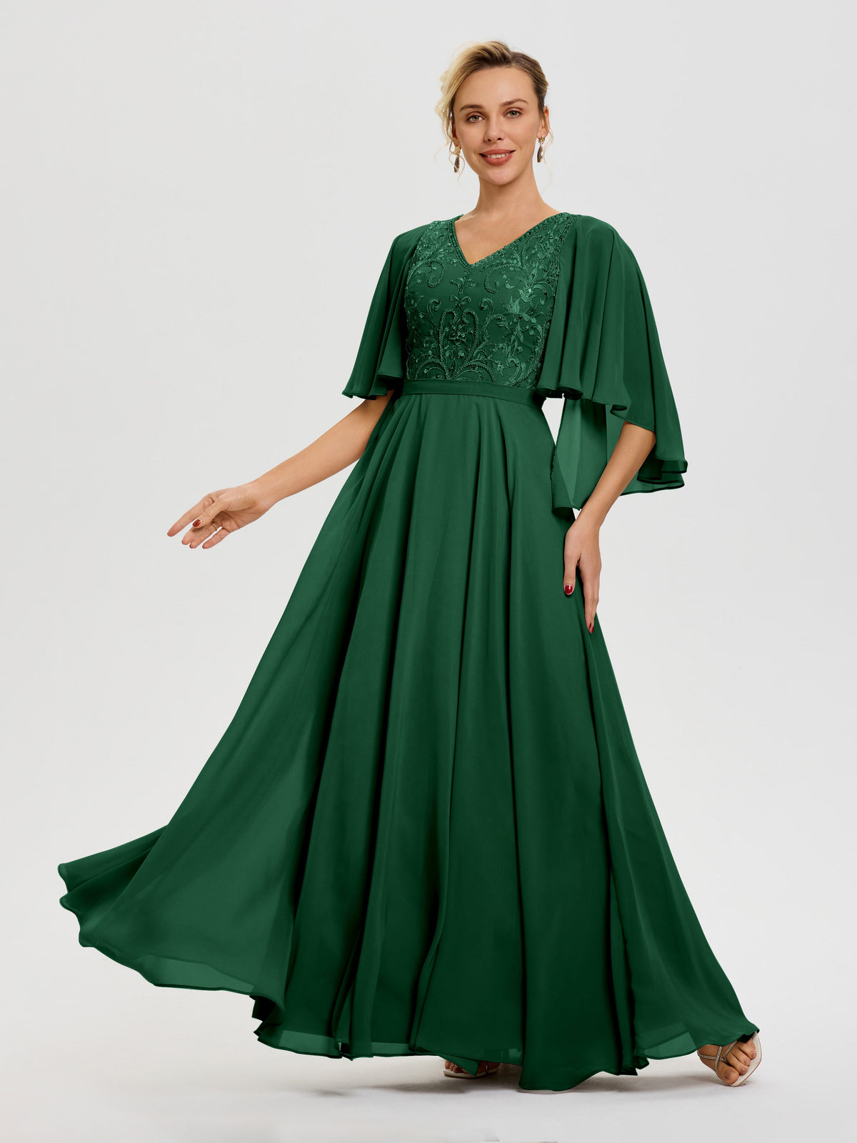 Mother Of The Bride Dark Green Dresses V-Neck A-Line Half Sleeves Ruch