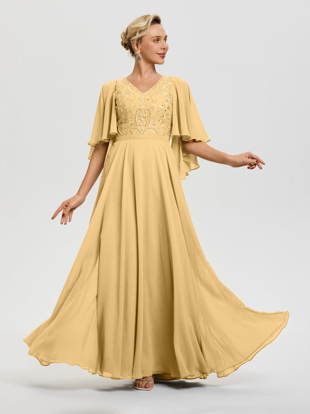 Elegant Gold Mother Of The Bride Dresses V-Neck A-Line Half Sleeves Ruched Zipper Long Chiffon Mother Of The Bride Dress