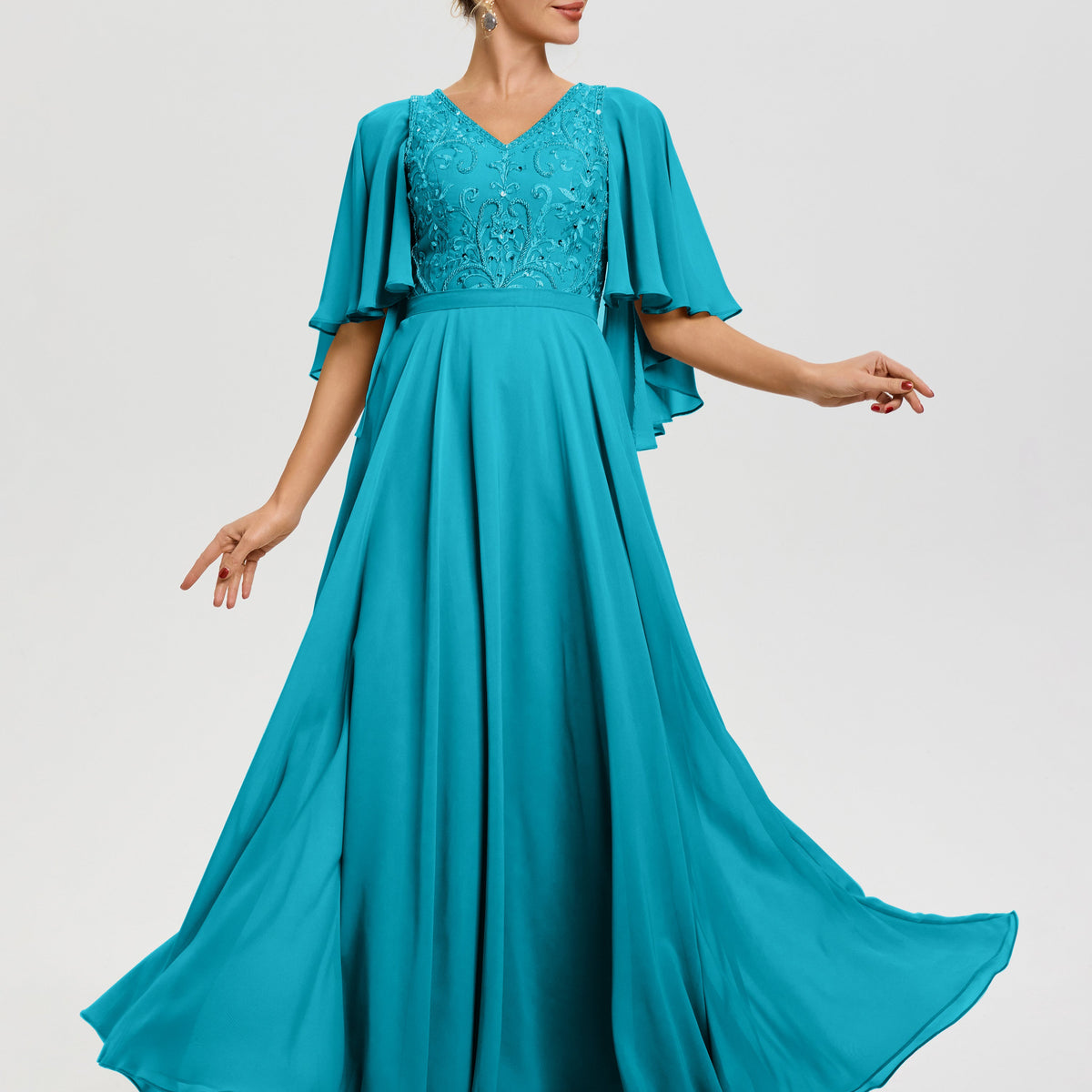 Mother of The Bride Jade Dresses V-Neck A-Line Half Sleeves Ruched Zipper Long Chiffon Mother of The Bride Dress