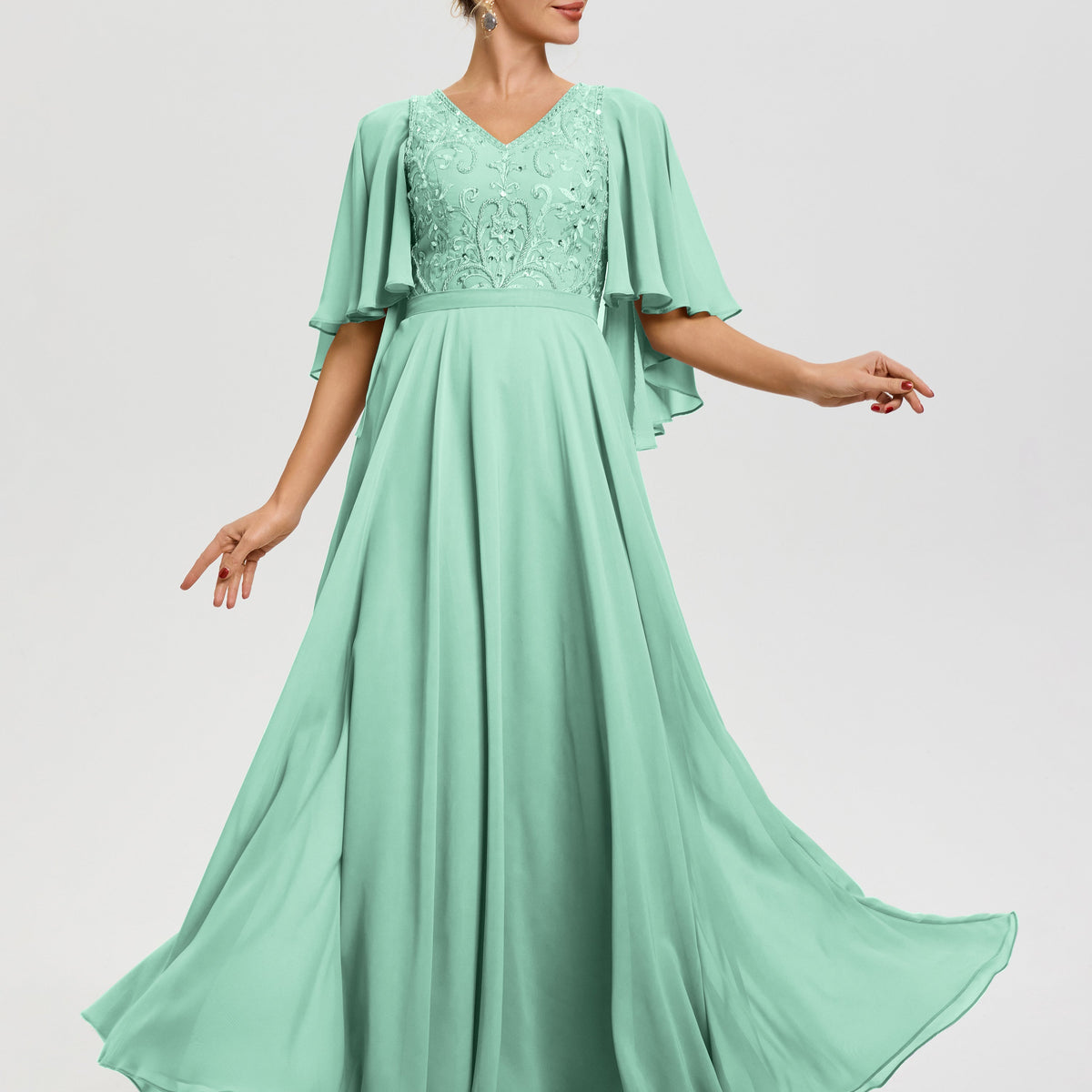 Mother Of The Bride Dress Mint Green V-Neck A-Line Half Sleeves Ruched Zipper Long Chiffon Mother Of The Bride Dress