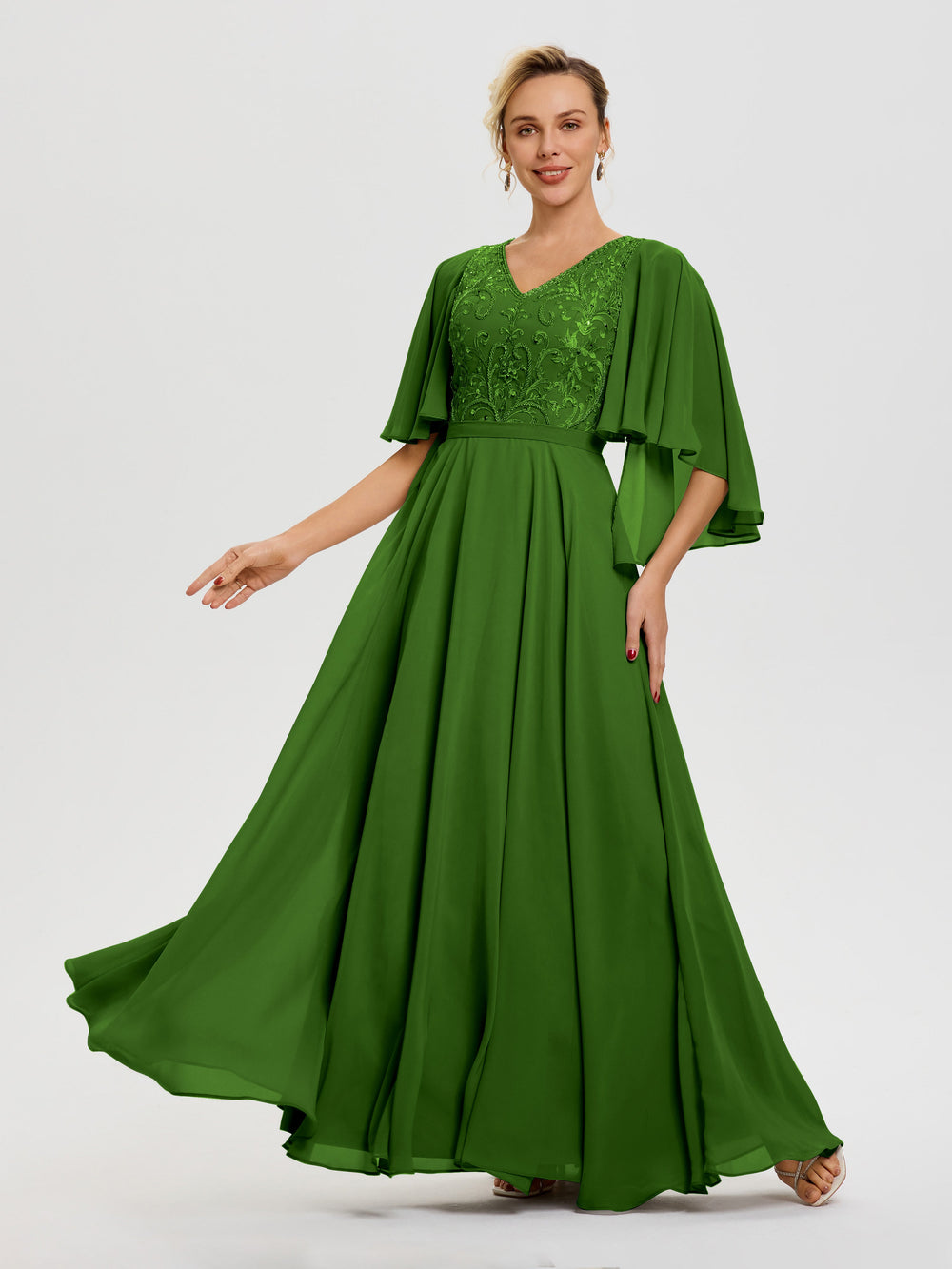 Peacock Blue Mother Of The Bride Dress V-Neck A-Line Half Sleeves Ruched Zipper Long Chiffon Mother Of The Bride Dress
