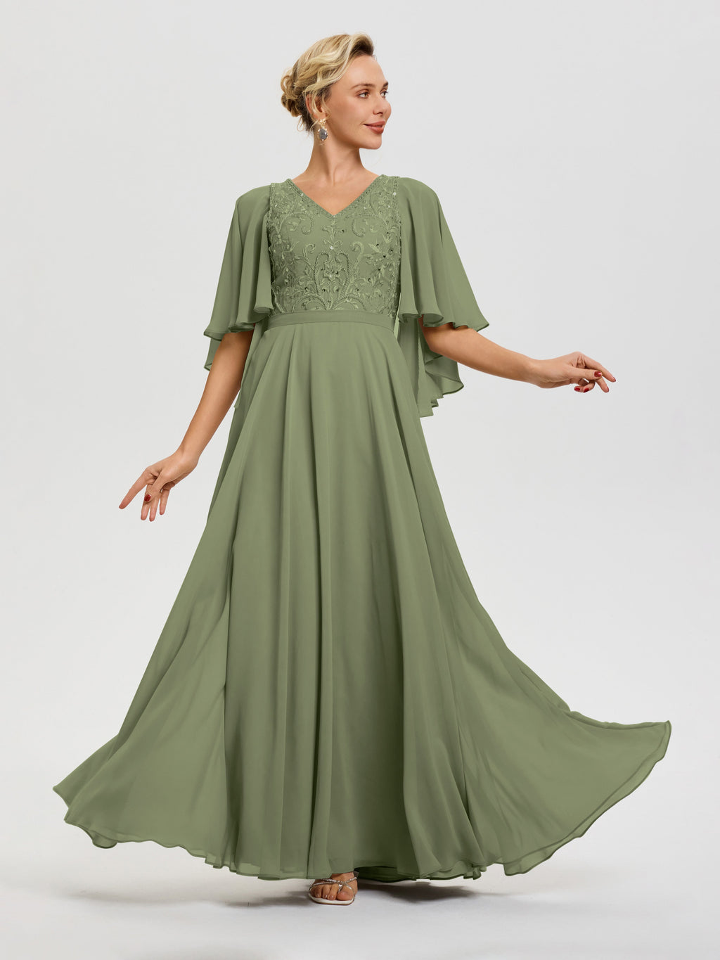 olive green mother of the bride dresses A-Line Sheer Sleeves Chiffon Long Olive Sizes Olive Green Vera Wang Chiffon