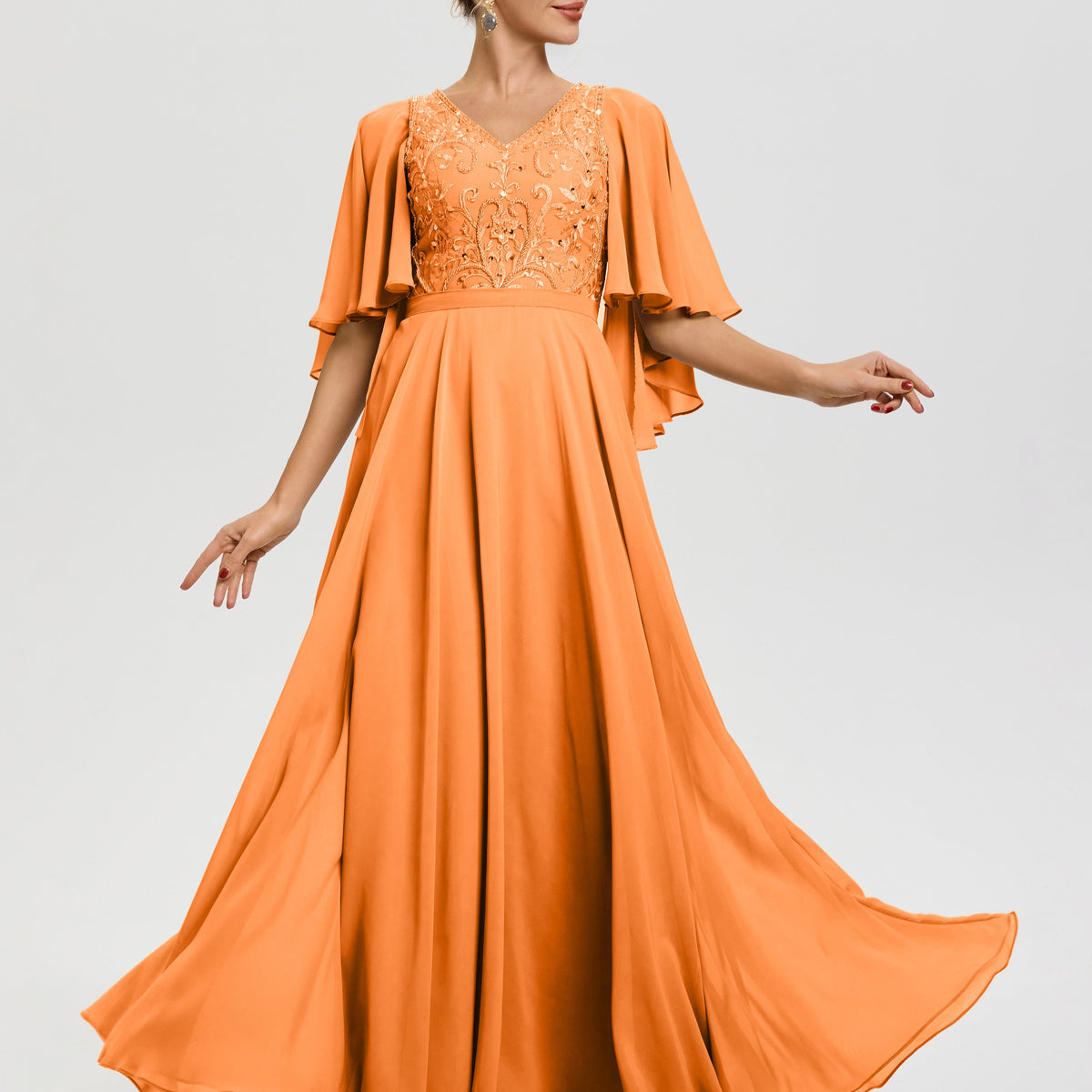 strapless open back dress Mother Of The Bride Dresses Orange V-Neck A-Line Half Sleeves Ruched Zipper Long Chiffon Mother Of The Bride Dress