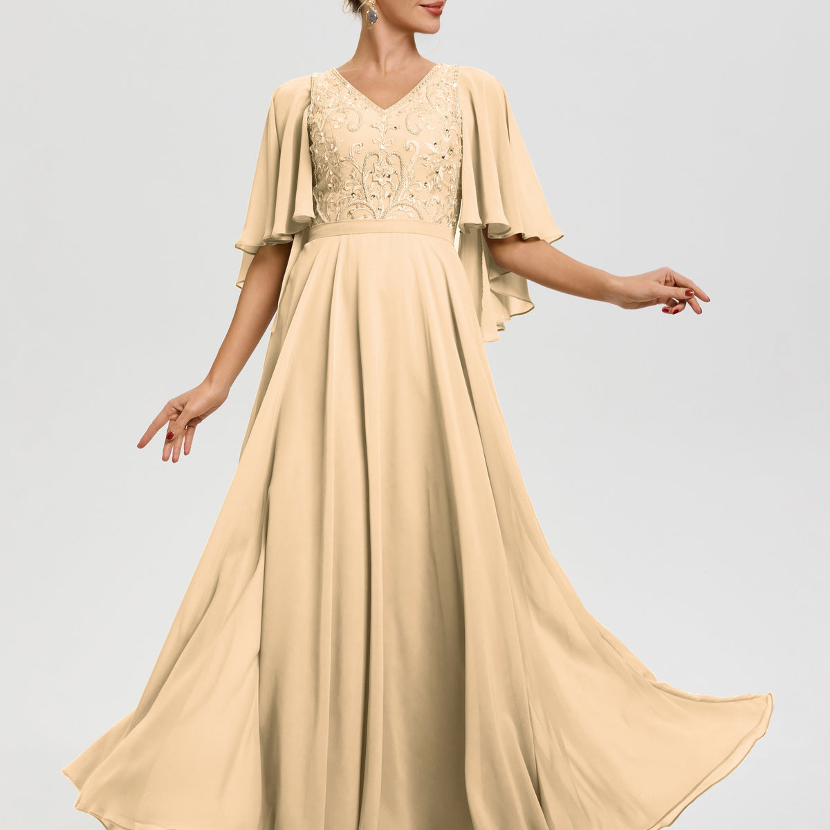 Peach Mother of The Bride Dress V-Neck A-Line Half Sleeves Ruched Zipper Long Chiffon Mother of The Bride Dress