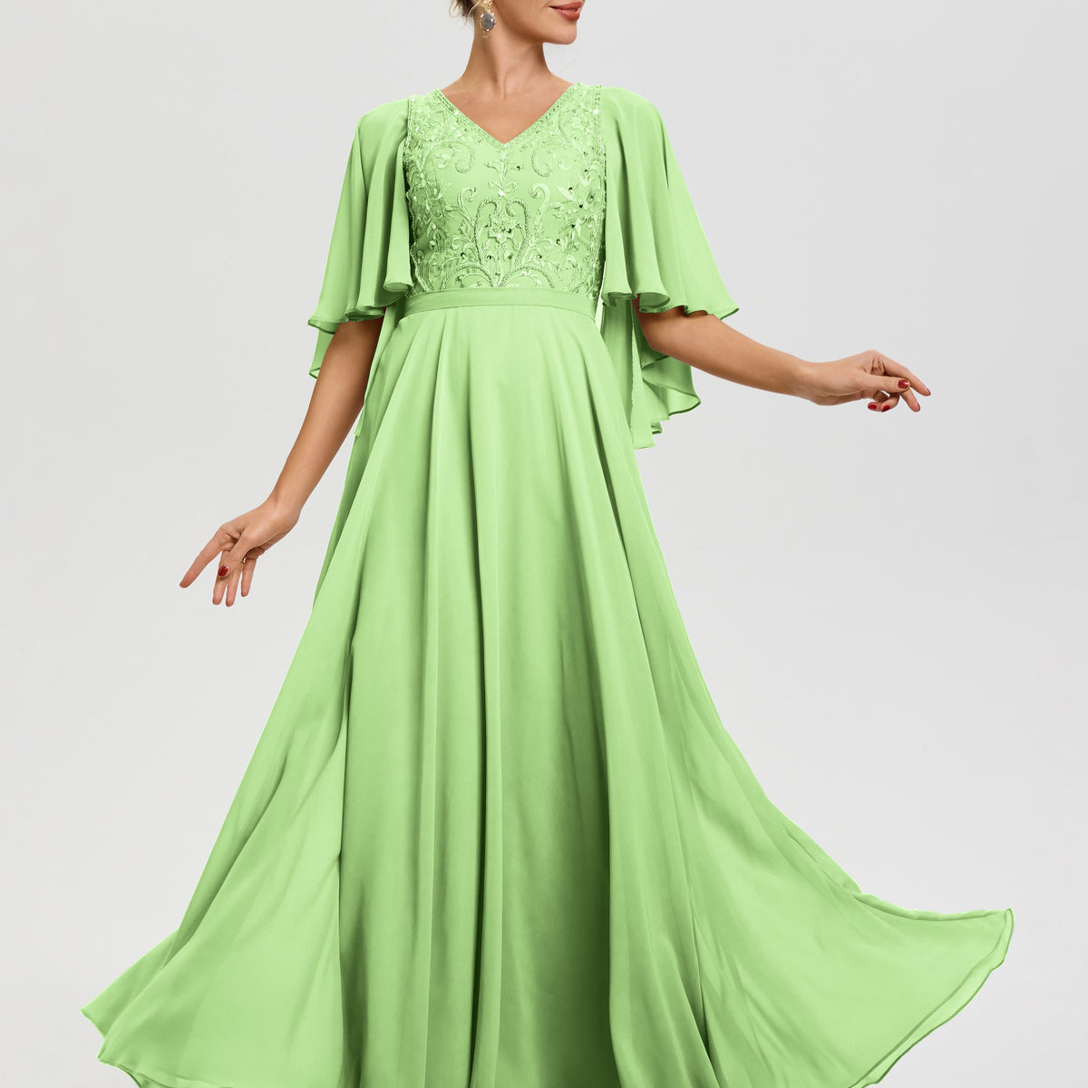 Sage Green Mother Of The Bride Dresses V-Neck A-Line Half Sleeves Ruched Zipper Long Chiffon Mother Of The Bride Dress