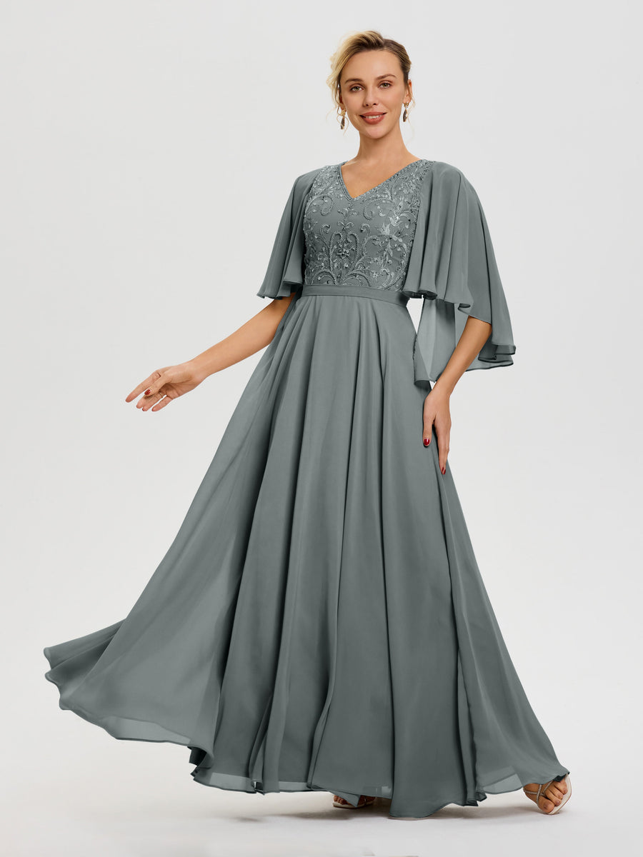 Mother Of The Bride Flamingo Dresses V-Neck A-Line Half Sleeves Ruched Zipper Long Chiffon Mother Of The Bride Dress