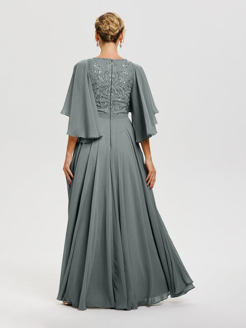 Mother Of The Bride Dresses Mist V-Neck A-Line Half Sleeves Ruched Zipper Long Chiffon Mother Of The Bride Dress