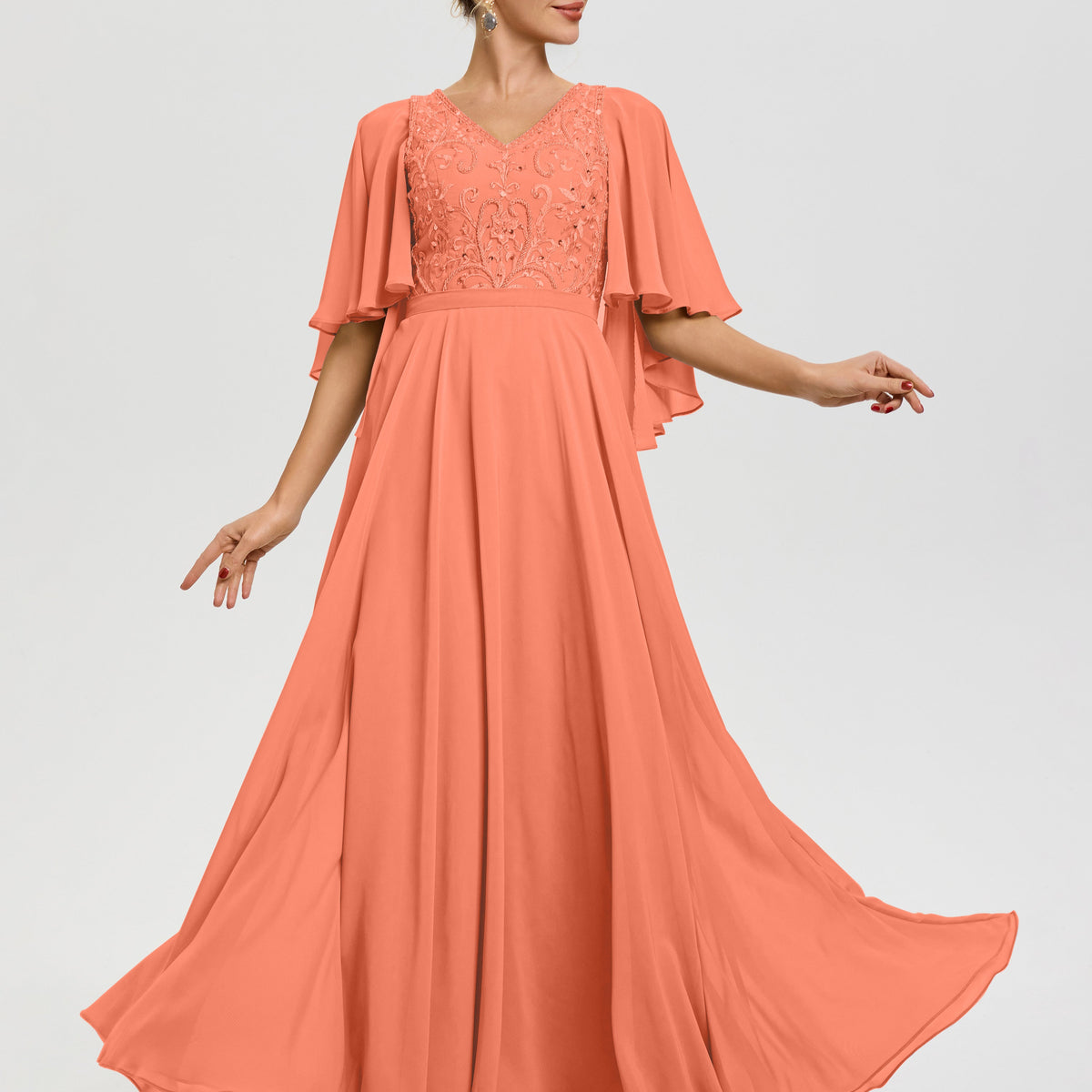 Mother Of Bride Sunset Dress V-Neck A-Line Half Sleeves Ruched Zipper Long Chiffon Mother Of The Bride Dress