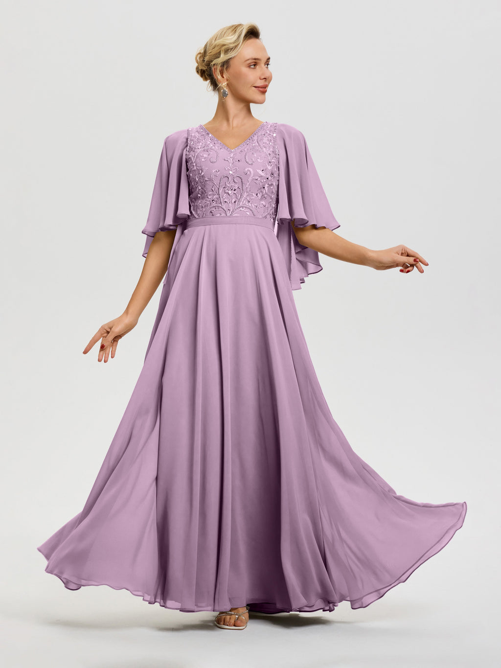Mother Of The Bride Dresses Wisteria V-Neck A-Line Half Sleeves Ruched