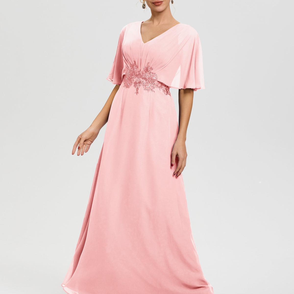 blush pink mob dress Blush Pink Mother Of Bride Dress A-Line V-Neck Half Sleeves Appliques Waist Floor Length Chiffon Mother Of The Bride Dress