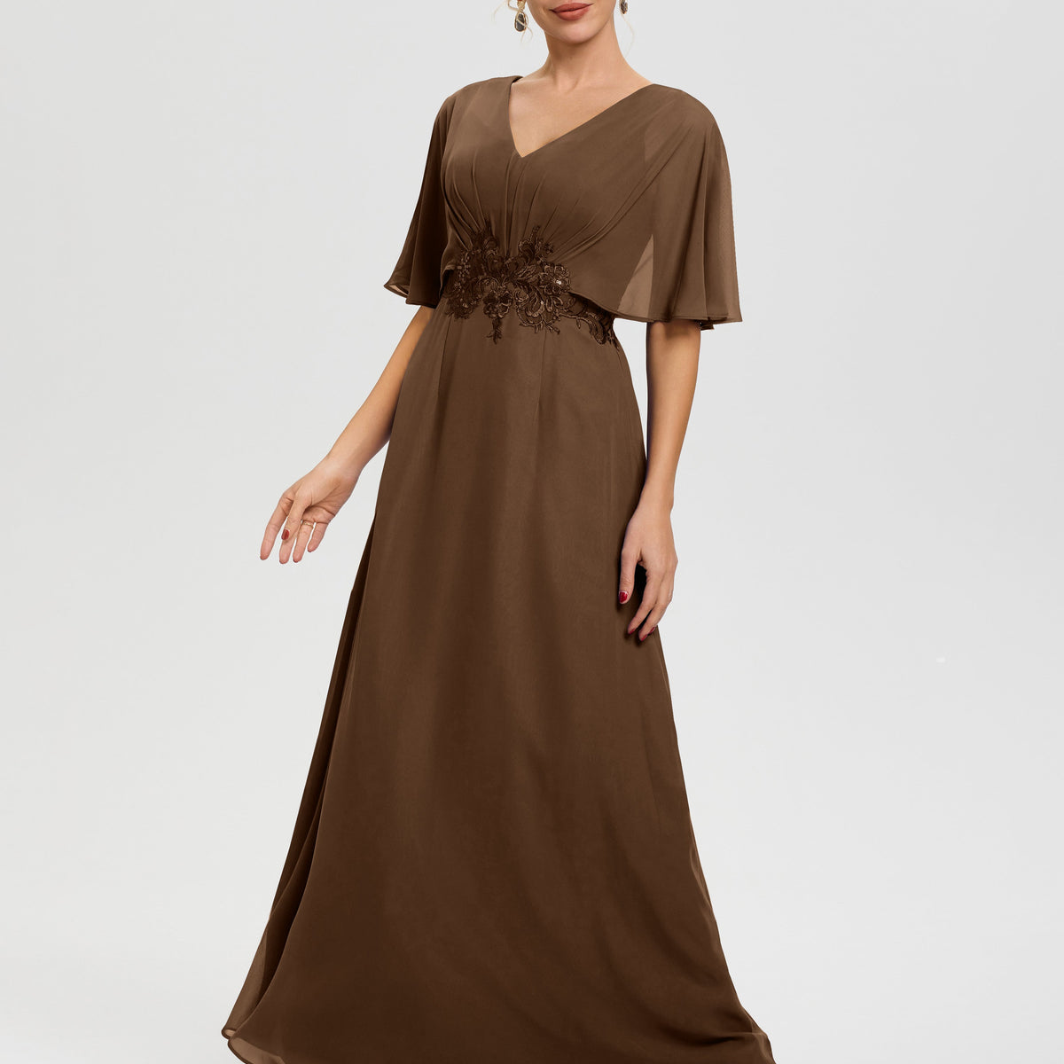 Brown Mother Of Bride Dress A-Line V-Neck Half Sleeves Appliques Waist Floor Length Chiffon Mother Of The Bride Dress Brown Mother Of Bride Dress A-Line V-Neck Half Sleeves Appliques Waist Floor Length Chiffon Mother Of The Bride Dress