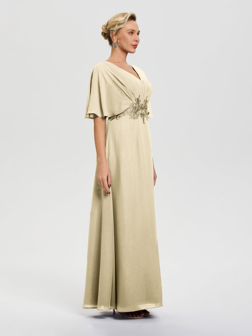 Jade Mother Of Bride A-Line V-Neck Half Sleeves Appliques Waist Floor Length Chiffon Mother Of The Bride Dress main image 1