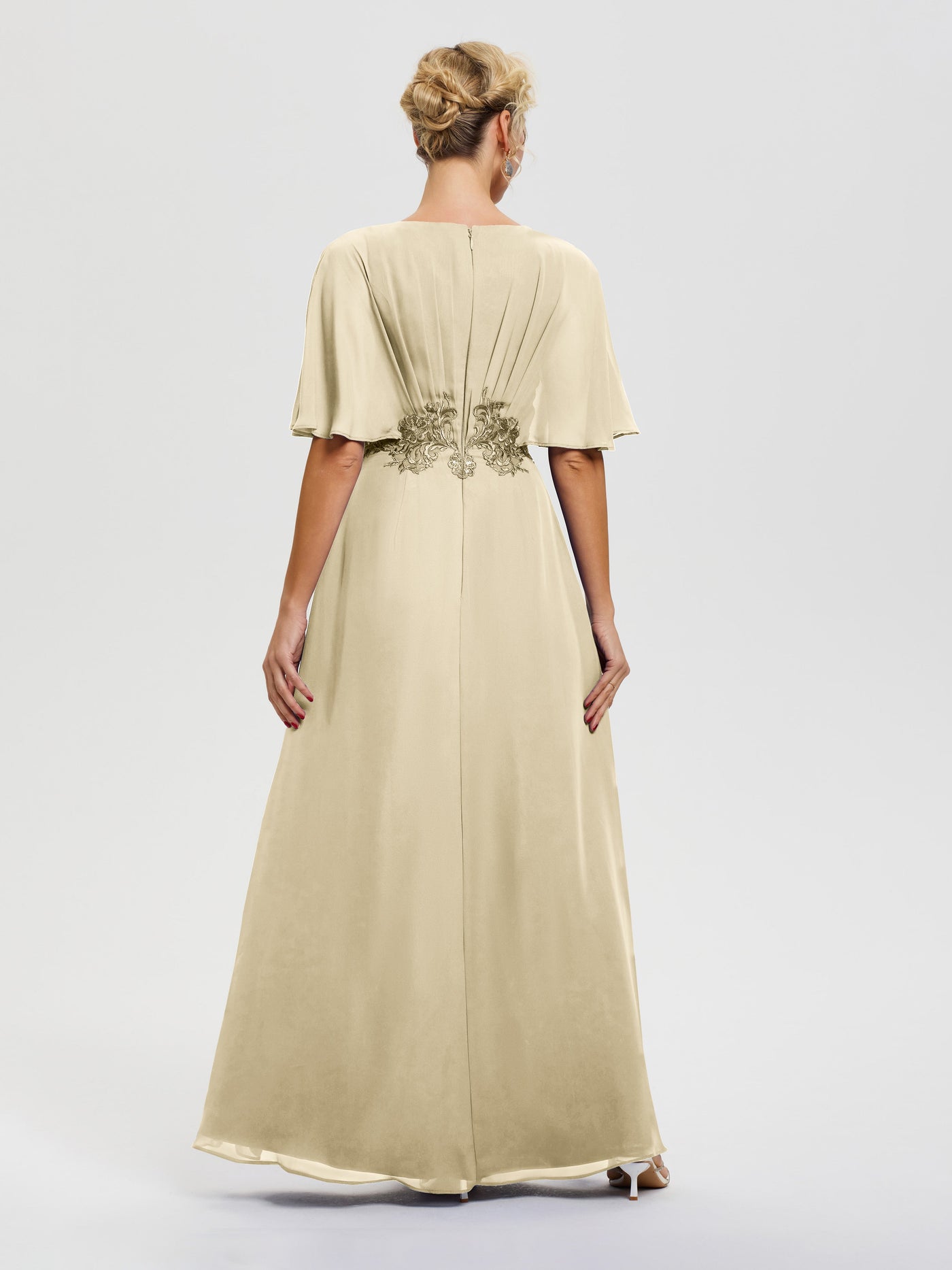 Chocolate Brown Mother Of The Bride Dress A-Line V-Neck Half Sleeves Appliques Waist Floor Length Chiffon Mother Of The Bride Dress