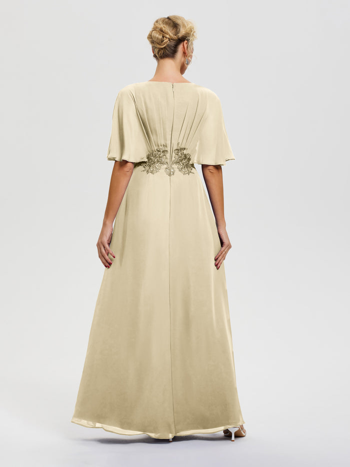 Mother Of The Bride Dresses In Gold A-Line V-Neck Half Sleeves Appliques Waist Floor Length Chiffon Mother Of The Bride Dress main image 0
