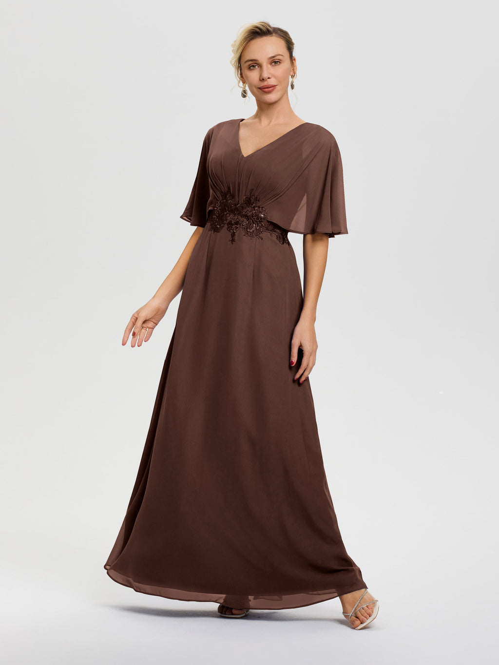 chocolate brown mother of the bride dress A-Line V-Neck Half Sleeves Appliques Waist Floor Length Chiffon Mother Of The Bride Dress Size:11 YEAR Food Club Blue Cheese __tab1:classic-fit-dress-shirt-size-chart making it a versatile