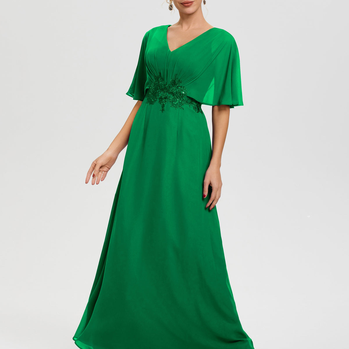 Emerald Green Mother Of The Bride Outfits A-Line V-Neck Half Sleeves Appliques Waist Floor Length Chiffon Mother Of The Bride Dress