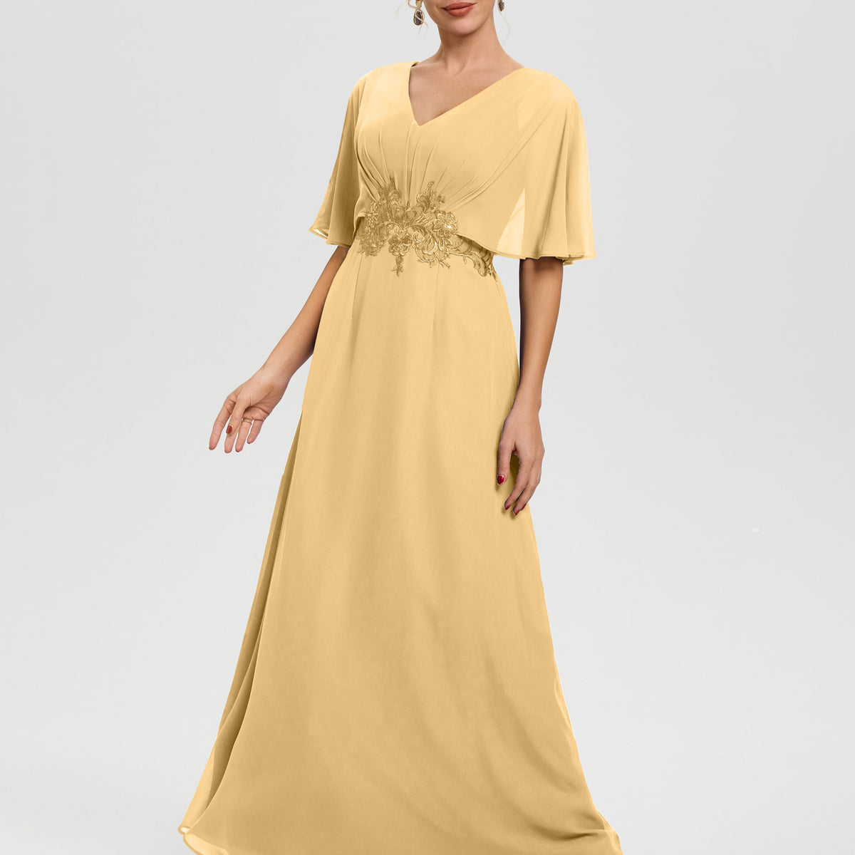 Mother Of The Bride Dresses In Gold A-Line V-Neck Half Sleeves Appliques Waist Floor Length Chiffon Mother Of The Bride Dress