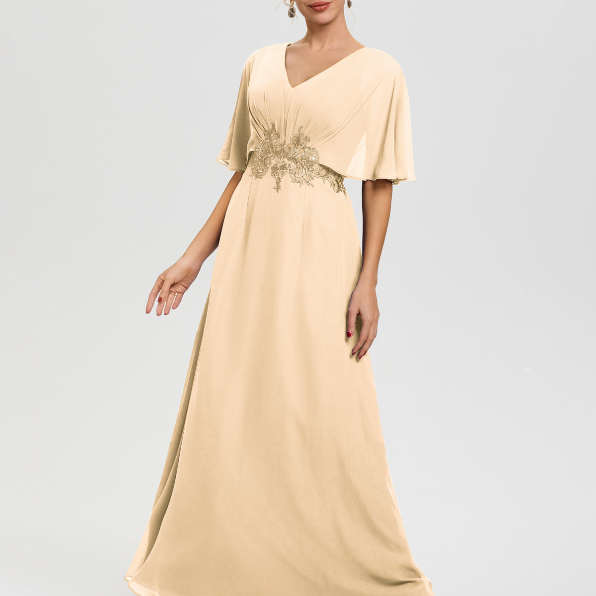 peach formal dress with sleeves Colored Mother Of The Bride Dresses A-Line V-Neck Half Appliques Waist Floor Length Chiffon Mother Of The Bride Business attire for women This warm peach midi timeless wedding style Size:X- Large (8/10)