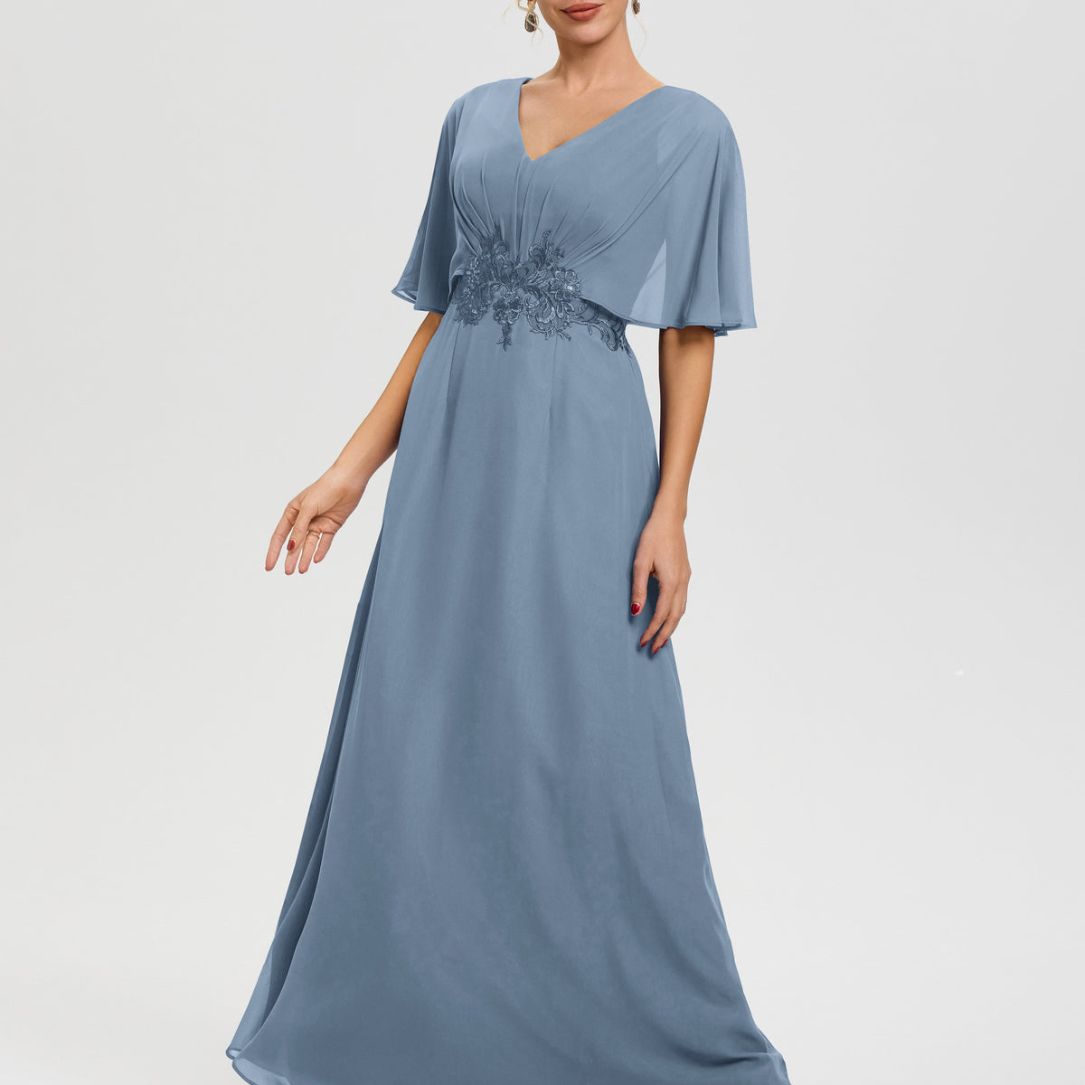 Slate Blue Mother Of The Bride Long Dresses A-Line V-Neck Half Sleeves Slate Blue Mother Of The Bride Long Dresses A-Line V-Neck Half Sleeves