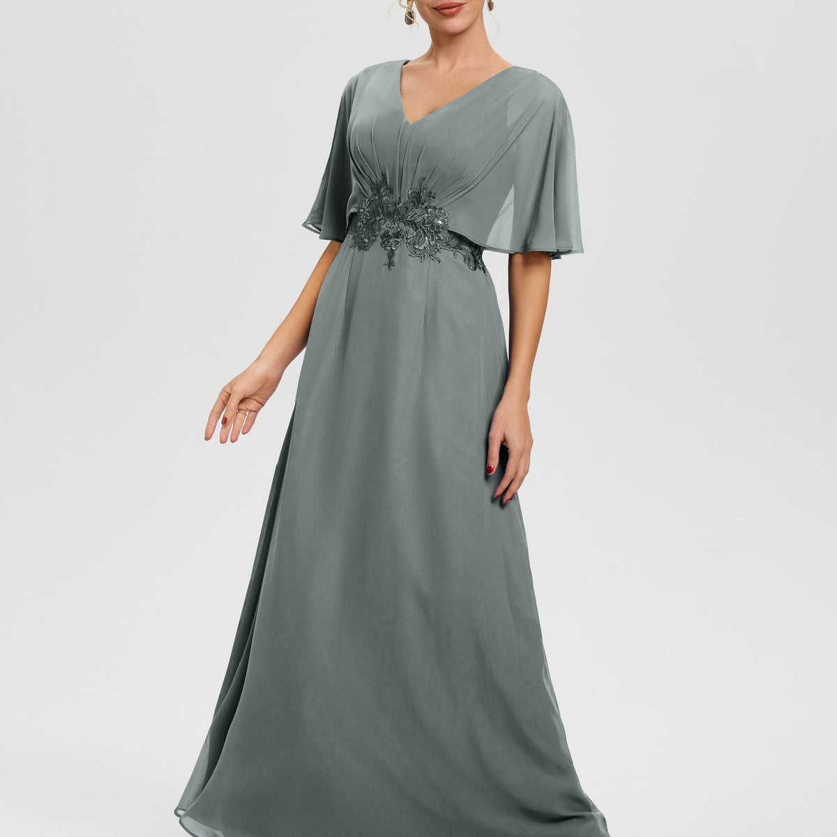 Mother of The Bride Dresses in Steel Grey A-Line V-Neck Half Sleeves Appliques Waist Floor Length Chiffon Mother of The Bride Dress