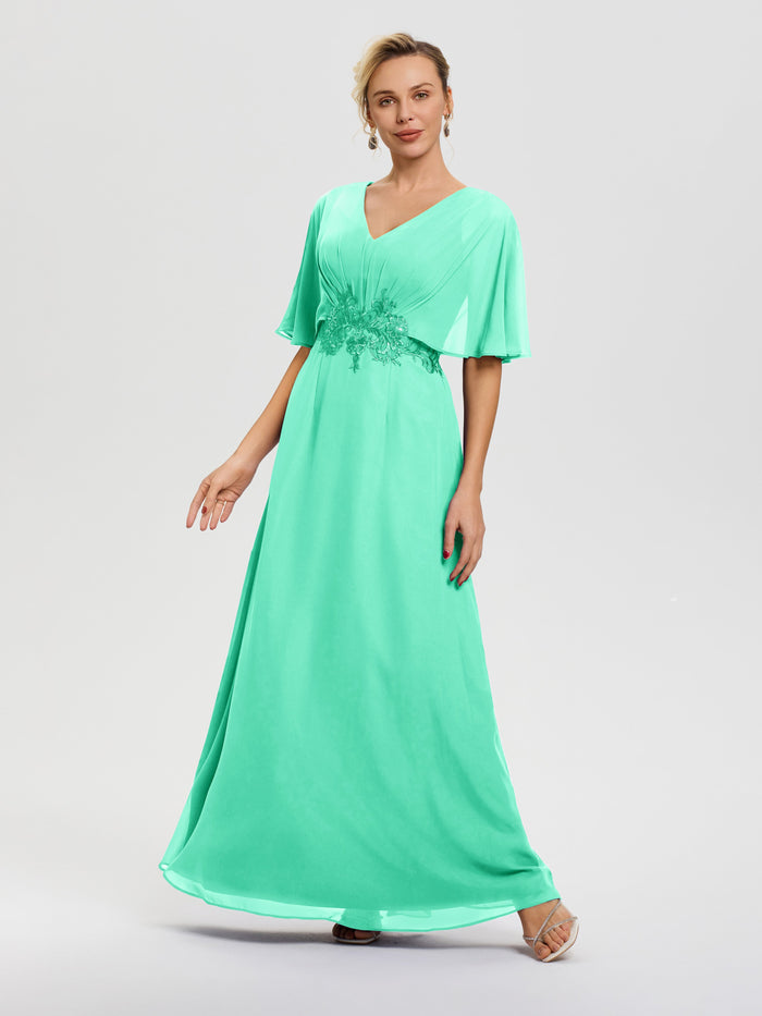 Mother Of The Bride Suits Grape A-Line V-Neck Half Sleeves Appliques Waist Floor Length Chiffon Mother Of The Bride Dress