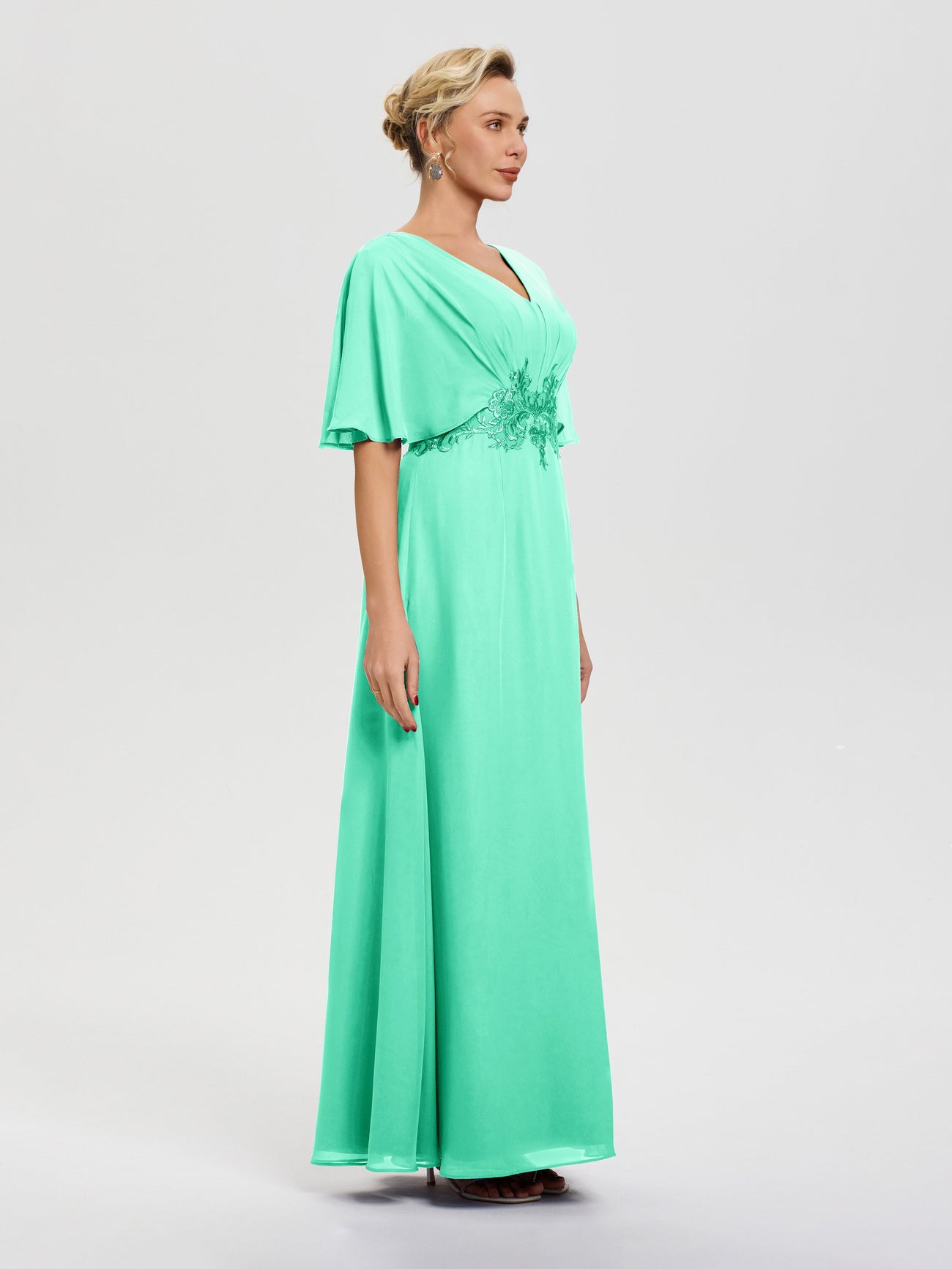 Dusk Mother Of The Bride Outfits A-Line V-Neck Half Sleeves Appliques Waist Floor Length Chiffon Mother Of The Bride Dress