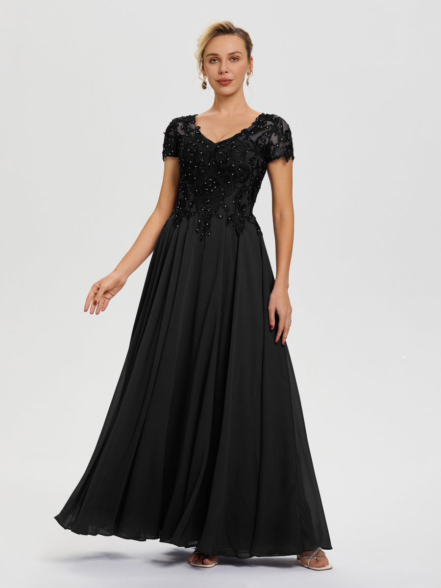 Best Black Mother Of The Bride Dresses A-Line Lace Sleeves V-Neck Long
