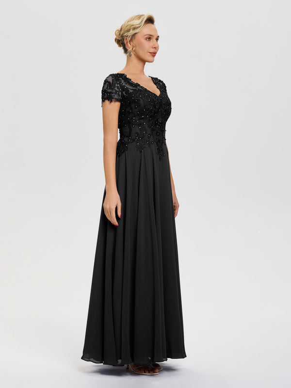Best Black Mother Of The Bride Dresses A-Line Lace Sleeves V-Neck Long